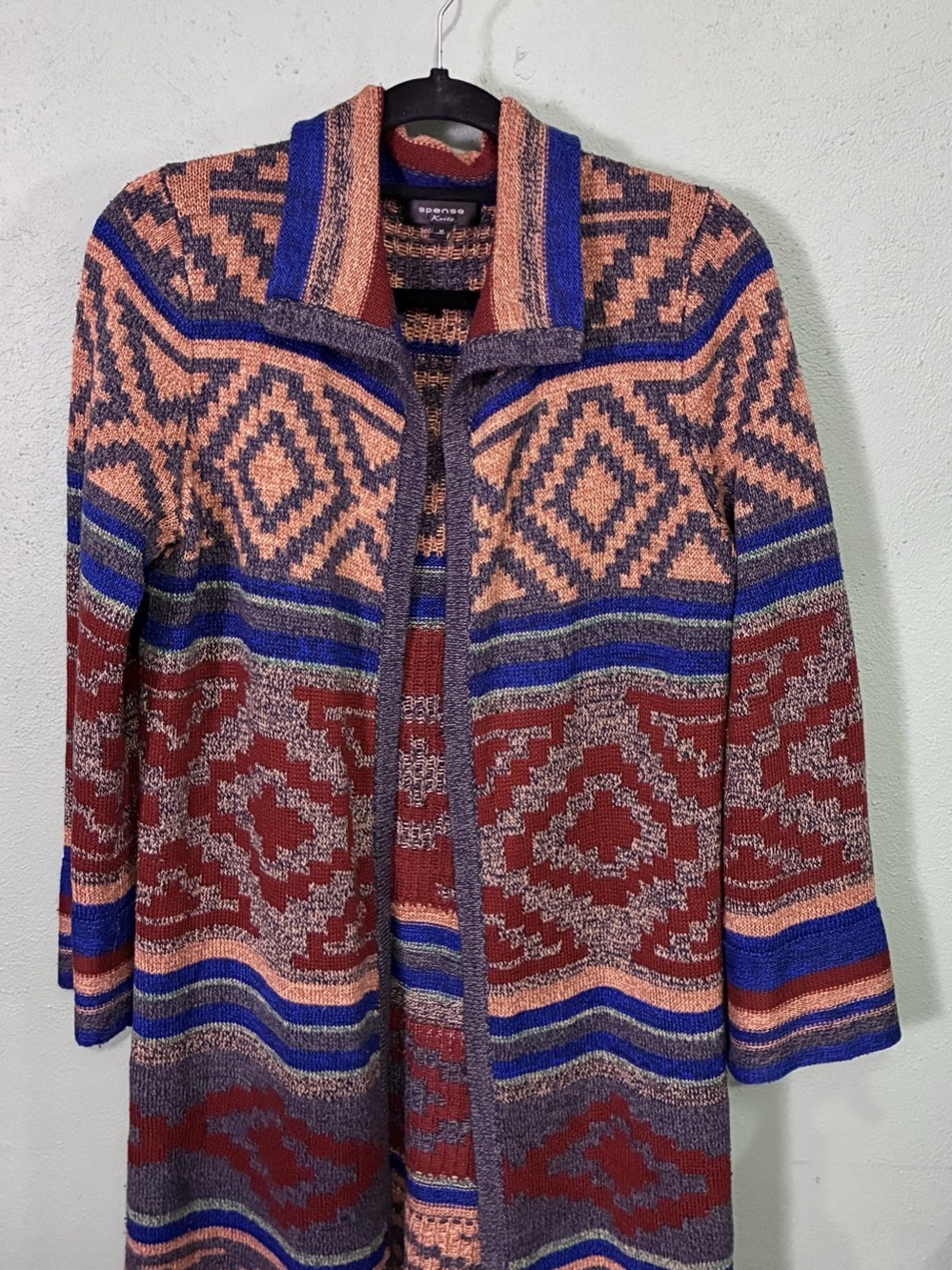 Spense Knits Women’s Medium Southwestern Geometric Long Open Front Cardigan